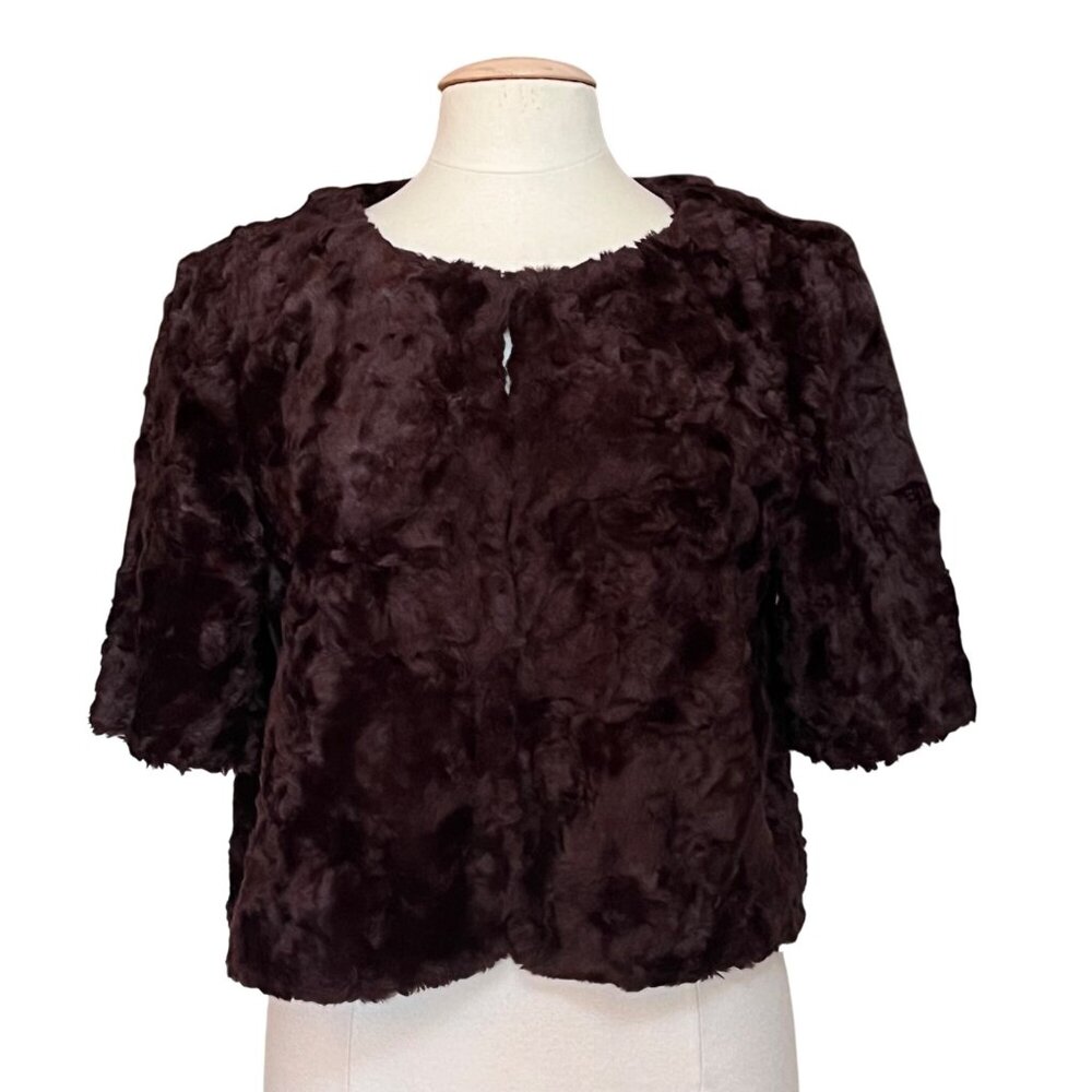 Katherine Kelly Faux Fur Cropped Jacket Short Sleeve Whimsigoth Brown Sz 14 NWT‎